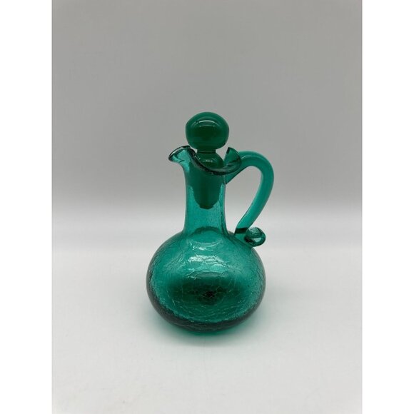 Vintage MCM Handblown Crackle Glass Turquoise Green Blue Cruet Bubble Stopper - Picture 1 of 11